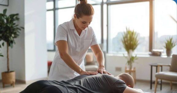 Ostéopathe en train de soigner un patient dans un cabinet moderne en Suisse