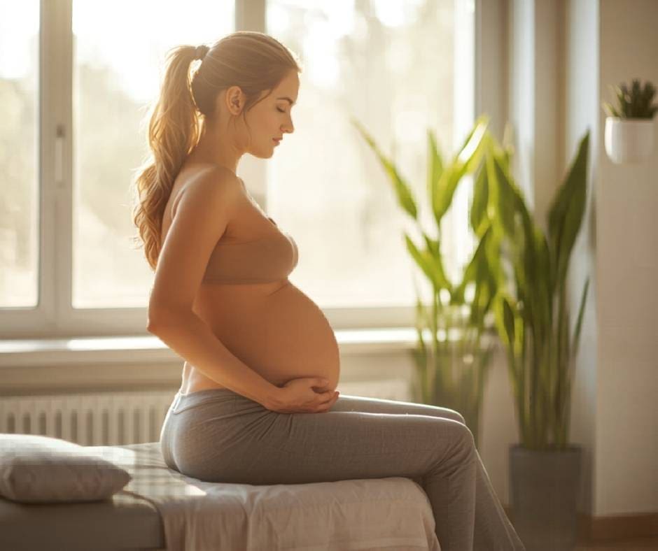 Femme enceinte en séance d'ostéopathie dans une clinique lumineuse et moderne en Suisse