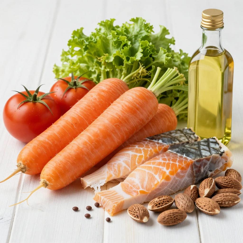 Aliments anti-inflammatoires : saumon, carottes, tomates, huile d'olive et amandes sur fond blanc