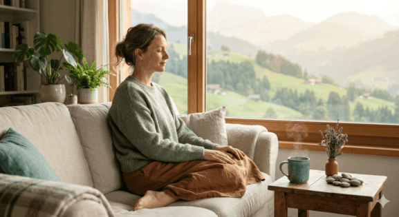 Femme en récupération d'un burn-out pratiquant la relaxation, vue sur les Alpes suisses