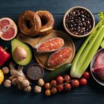 Sélection d'aliments anti-inflammatoires : saumon, avocat, légumes colorés, noix et gingembre sur fond bois